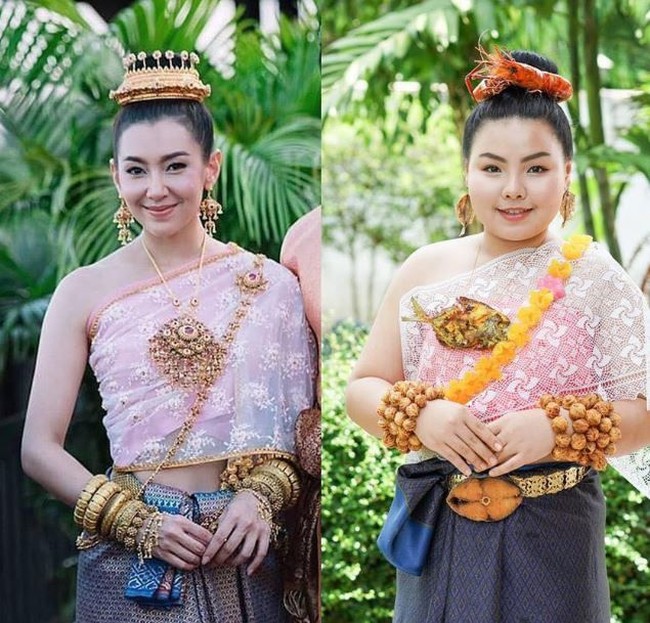 Sine memarodikan gaya aktris Thailand, Ranee Campen, yang mengenakan kostum tradisional negeri mereka. Dia memakai kalung dan ikat pinggang dari ikan dan bahan makanan lainnya sebagai aksesori. Foto: Instagram @framsook_lek_lek