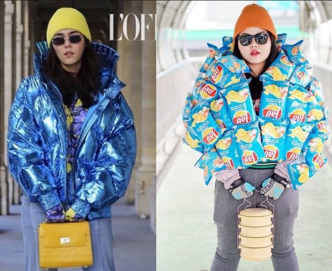 Kalau ini Sine bergaya memakai jaket yang semuanya terbuat dari bungkus makanan ringan. Memaksimalkan gayanya agar semakin kocak, dia menenteng rantang. Foto: Instagram @framsook_lek_lek
