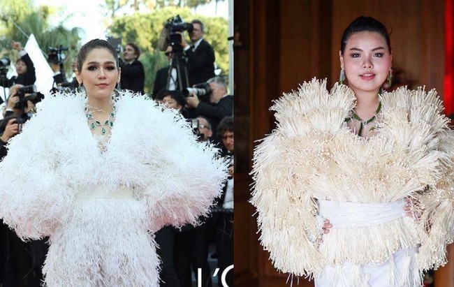 Gaya busana aktris Thailand, Chompoo Araya, paling sering diparodikan Sine. Ini adalah aksinya menggunakan mie bihun yang belum dimasak untuk membuatnya bergaya bak sang aktris yang glamour dengan jumpsuit penuh bulu. Foto: Instagram @framsook_lek_lek