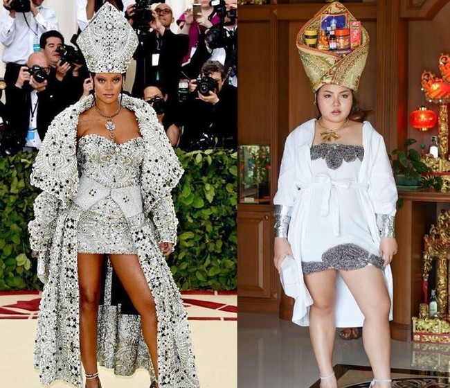 Sine juga pernah membuat parodi lucu dari gaya Rihanna di Met Gala 2018. Hiasan kepala bentuk mahkota yang dipakai Rihanna, diubahnya dengan memakai gulungan kain dan tumpukan toples kecil. Foto: Instagram @framsook_lek_lek