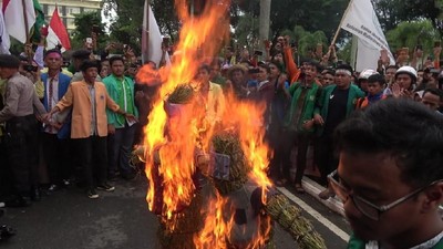 Foto: Bakar Patung Mendag, Mahasiswa di Pelosok RI Tolak Impor Beras