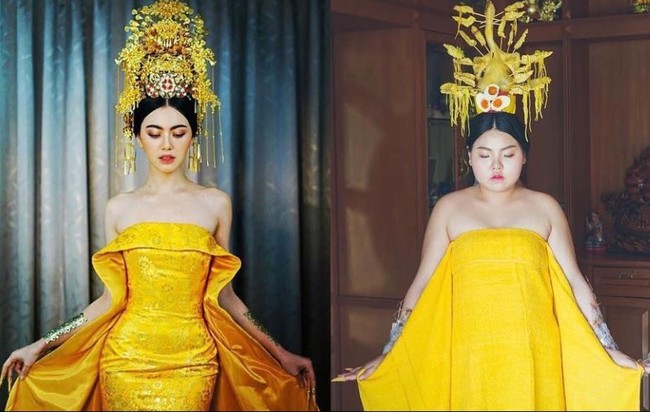 Lucunya Sine saat memarodikan gaya aktris Thailand, Davika Hoorne. Hiasan kepala Davika yang megah dan berwarna emas itu digantinya dengan memakai bebek dan beberapa potong telur. Foto: Instagram @framsook_lek_lek