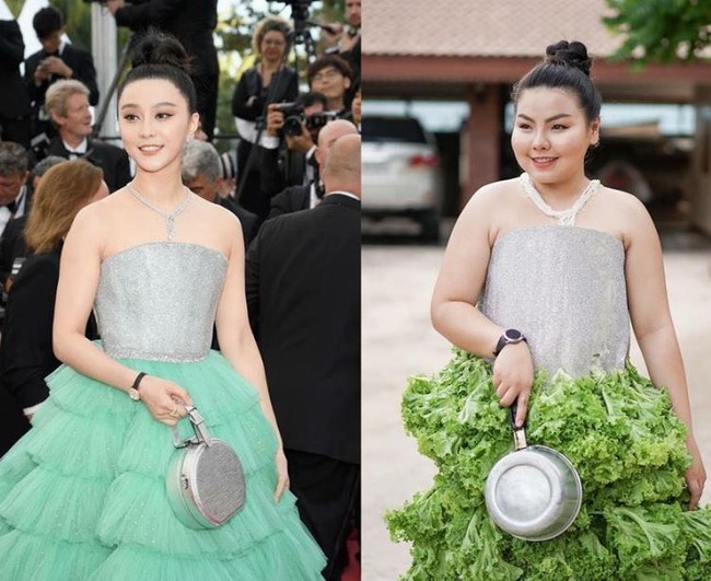 Jessadakarn Sine” Benjaphorn populer di Instagram lewat aksinya memarodikan busana-busana selebriti dunia, Thailand pada khususnya. Lewat aksinya itu dia kini memiliki lebih dari 72 ribu followers. Salah satu aksi yang membuatnya populer ketika dia mengikuti gaya aktris China, Fan Bing Bing. Penampilan Fan Bing Bing di Cannes dengan gaun hijau diikutinya. Namun bagian rok gaun yang berwarna hijau digantinya dengan tumpukan selada. Foto: Instagram @framsook_lek_lek