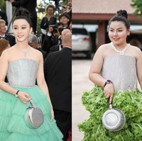 Jessadakarn Sine” Benjaphorn populer di Instagram lewat aksinya memarodikan busana-busana selebriti dunia, Thailand pada khususnya. Lewat aksinya itu dia kini memiliki lebih dari 72 ribu followers. Salah satu aksi yang membuatnya populer ketika dia mengikuti gaya aktris China, Fan Bing Bing. Penampilan Fan Bing Bing di Cannes dengan gaun hijau diikutinya. Namun bagian rok gaun yang berwarna hijau digantinya dengan tumpukan selada. Foto: Instagram @framsook_lek_lek