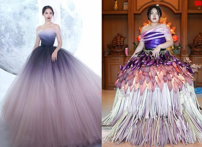 Penampilan aktris cantik Thailand, Urassaya Sperbund yang elegan dengan gaun ungu nan megah juga jadi korban parodi Sine. Kali ini cosplayer itu memakai puluhan terung dan jantung pisang. Foto: Instagram @framsook_lek_lek