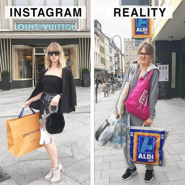 Geraldine West menampilkannya melalui sejumlah postingan dalam proyek Instagram vs  Reality. Dalam foto berikut, Geraldine pun memperlihatkan bagaimana selebgram tak selalu glamour ketika berbelanja. Foto: Instagram @geraldinewest_