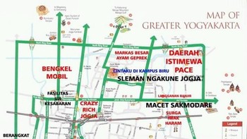 Di Twitter, tampak netizen ramai-ramai membagikan peta lucu yang menceritakan kawasan Yogyakarta. Foto: Internet