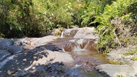 Menuju ke curug ini, setelah menyusuri panorama hutan alam, traveler akan melihat cadas ngampar atau hamparan bebatuan rata dan besar mirip tembok yang dikelilingi air jernih (Dadang/detikTravel)