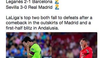 Barcelona lebih dulu kalah 1-2 ketika menyambangi Leganes. Setelah itu Real Madrid juga kalah 0-3 di markas Sevilla. (Foto: Twitter)