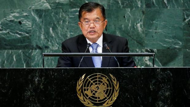 Wakil Presiden RI Jusuf Kalla di PBB Indonesian Vice President Muhammad Jusuf Kalla addresses the 73rd session of the United Nations General Assembly at U.N. headquarters in New York, U.S., September 27, 2018. REUTERS/Eduardo Munoz