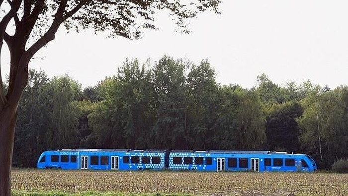 A hydrogen-powered train, by French train maker Alstom, drives near Bremervoerde, Germany, as it enters service on September 16, 2018. (Photo by Patrik STOLLARZ / AFP)PATRIK STOLLARZ/AFP/Getty Images