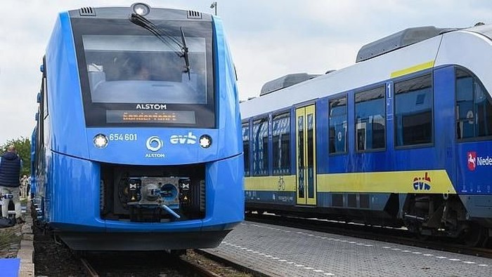 A hydrogen-powered train, by French train maker Alstom, drives near Bremervoerde, Germany, as it enters service on September 16, 2018. (Photo by Patrik STOLLARZ / AFP)PATRIK STOLLARZ/AFP/Getty Images