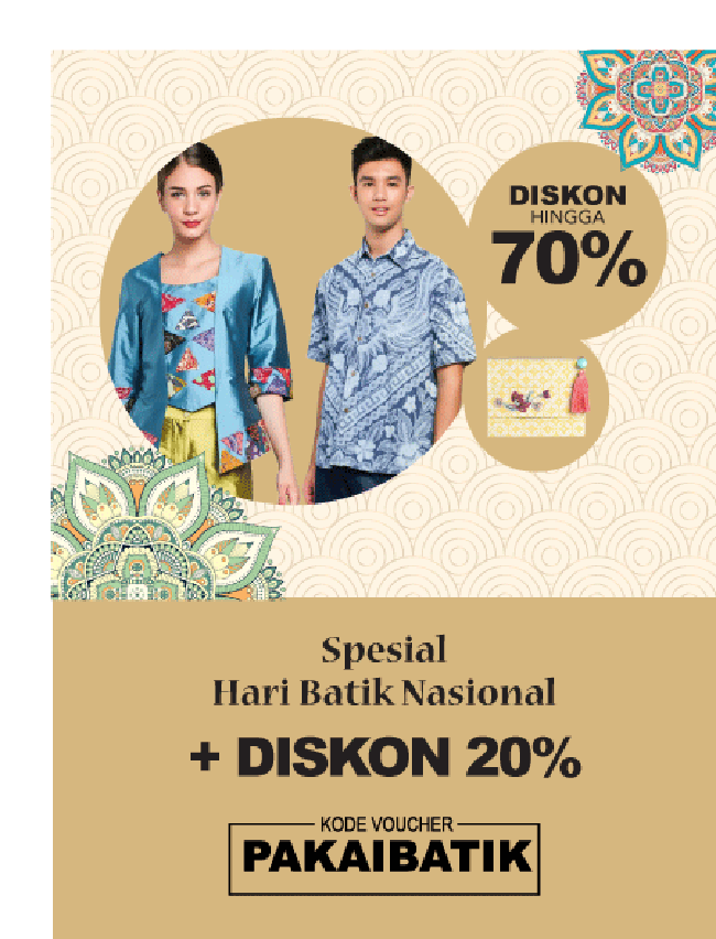 Tak hanya Serendipity, beberapa brand baju batik lain juga diskon hingga 70% di Blibli. Anda pun bisa mendapati diskon 70% + 20%. Jangan lupa sertakan kode promo PAKAIBATIK. Foto: istimewa