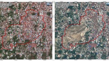 Foto ini diambil pada 30 September. Terlihat Perumnas Balaroa sebelum dan sesudah gempa. Foto: LAPAN