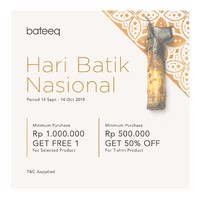Pilihan baju batik dengan desain kekinian bisa ditemukan di gerai Bateeq. Besok, setiap transaksi minimal Rp 500 ribu, Anda bisa mendapatkan diskon 50% untuk opsi t-shirt. pembelian Rp 1 juta gratis satu produk pilihan. Foto: istimewa