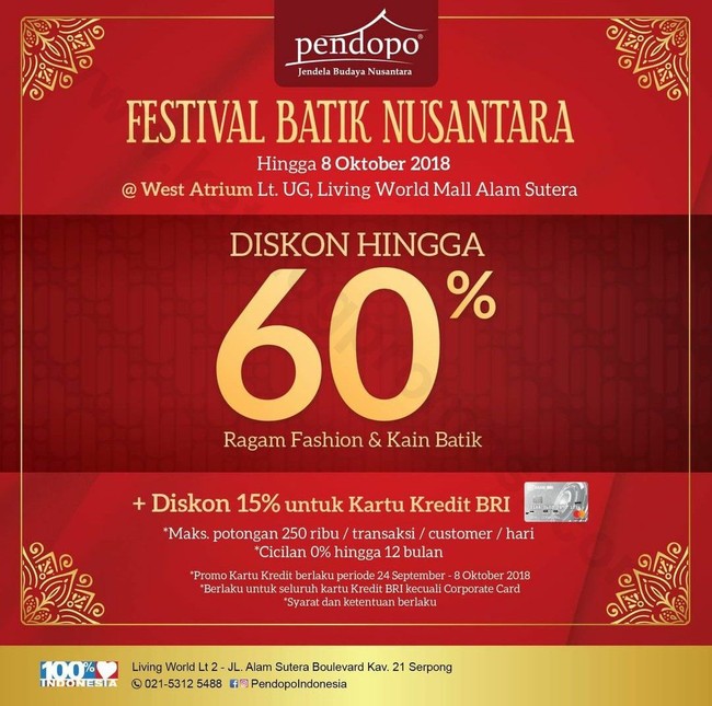 Berencana datang ke Living World Alam Sutera? Jangan lupa mampir ke West Atrium Lantai UG. Hingga 8 Oktober mendatang, ada Festival Batik Nusantara yang menawarkan diskon hingga 60%. Di sana, Anda bisa menemukan baju dan kain batik. Foto: istimewa