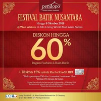 Berencana datang ke Living World Alam Sutera? Jangan lupa mampir ke West Atrium Lantai UG. Hingga 8 Oktober mendatang, ada Festival Batik Nusantara yang menawarkan diskon hingga 60%. Di sana, Anda bisa menemukan baju dan kain batik. Foto: istimewa