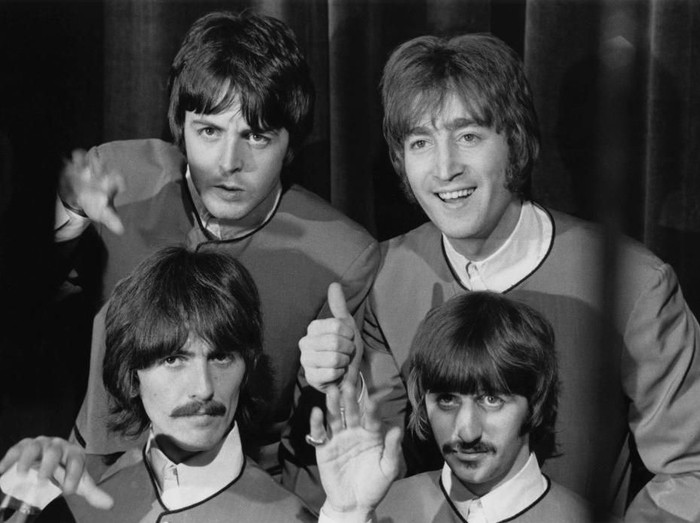 English rock band the Beatles prepare to perform their new single Hello, Goodbye on stage at the Saville Theatre, London, 1967. Clockwise from top left, they are Paul McCartney, John Lennon, Ringo Starr and George Harrison. (Photo by Keystone Features/Hulton Archive/Getty Images)