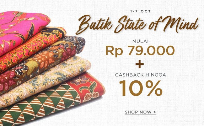 Situs belanja lain yang memberikan diskon pada baju batik adalah VIP Plaza. Hingga 7 Oktober 2018 mendatang, Anda bisa menemukan sejumlah pilihan busana batik mulai dari Rp 79 ribu. Anda pun penawaran cashback 10%. Jangan lupa gunakan kode voucher 15BSD. Foto: istimewa