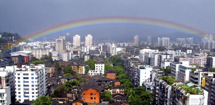 FUZHOU, CHINA - JULY 19: (CHINA OUT)  A rainbow appears in the sky after rainstorms following the landing of typhoon Haitang on July 19, 2005 in Fuzhou of Fujian Province, southeast China. Typhoon Haitang swirled towards Chinas southeast coast when it made landfall in the afternoon of July 19. More than 860,000 people were evacuated from coastal areas in east Chinas Fujian and Zhejiang Provinces. No casualties were reported in the Chinese mainland coast, while six were reported killed in Taiwan, according to state media. (Photo by China Photos/Getty Images)