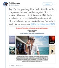 Kelas Khusus Tentang Anthony Bourdain Bisa Diikuti Secara Online di Universitas Ini