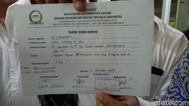 Tanda terima pelaporan empat anggota DPR ke MKD terkait hoax Ratna Sarumpaet