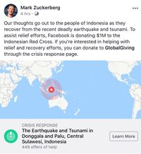 Komitmen Pendiri Facebook Mark Zuckerberg untuk membantu korban di Sulawesi Tengah.