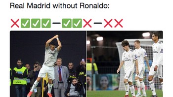 Sindiran ini mengomparasikan laju Madrid semasa masih ada Ronaldo dan saat sudah tak ada si pemain asal Portugal. (Foto: Internet/Twitter)