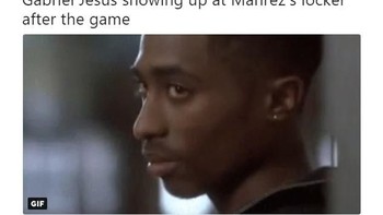 Mungkin begini tampang Jesus saat menemui Mahrez pasca pertandingan. Foto: Istimewa