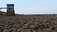 Waduk Dawuhan di Desa Plumpungrejo, Kabupaten Madiun, Jawa Timur tampak mengering akibat musim kemarau berkepanjangan. Antara Foto/Siswowidodo.