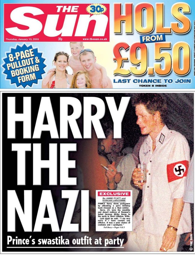 Pilihan kostum Pangeran Harry di tahun 2005 tidak begitu bijak. Di sebuah pesta Halloween, Harry tampil sederhana dengan kemeja, dan lalu memakai armband swastika (lambang Nazi) yang banyak membuat orang marah. Istana sampai angkat bicara dan meminta maaf atas pilihan kostum Pangeran Harry. Foto: Istimewa