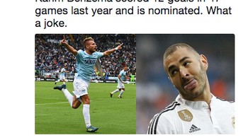 Benzema ada di daftar kandidat peraih Ballon dOr tahun ini sementara Immobile tidak. Benzema pun digambarkan menjulurkan lidah ke arah Immobile. (Foto: Internet/Twitter)