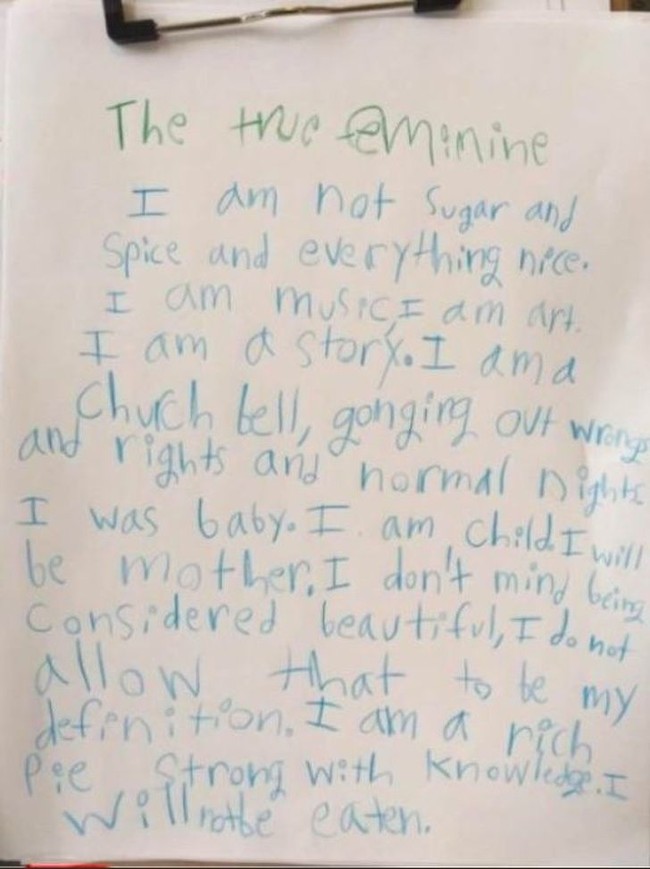 Seorang gadis delapan tahun mengejutkan dunia karena puisinya yang viral ketika diunggah di Twitter. Tidak diketahui siapa sosok di baliknya, anak itu dinamakan Gen Z Sylvia Plath oleh netizen. Ia menulis puisi kecil dengan nuansa feminis. Foto: Twitter