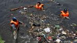 Petugas Berjibaku Bersihkan Sampah di Kanal Barat Penjaringan