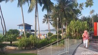 Di tepi pantai, sejumlah pohon kelapa menjulang tinggi menambah keindahan tersendiri. Laut ini membiru menghadap negera jiran. (Chaidir Anwar Tanjung/detikTravel)