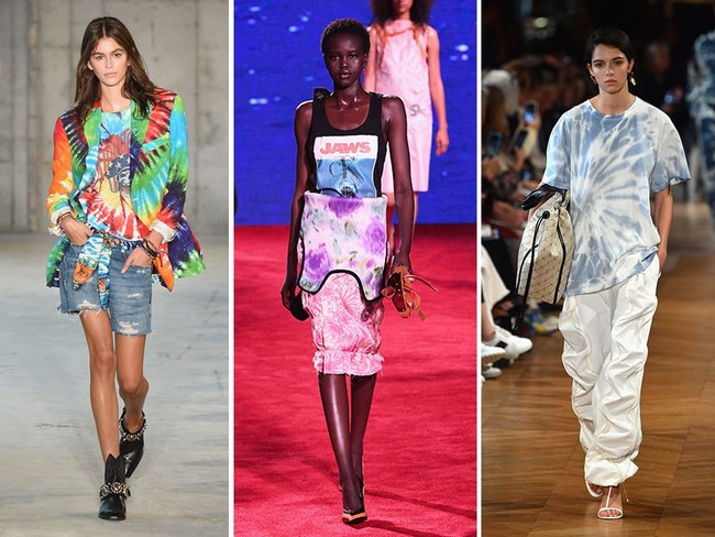 Momen busana minimalis sudah berakhir untuk saat ini. Digantikan dengan corak print tie-dye atau acid wash yang playful ala kaum hippie dulu. Misalnya pada koleksi Calvin Klein, MSGM, Prada, Proenza Schouler, R13, bahkan Stella McCartney dalam warna pastel. Foto: Getty Images