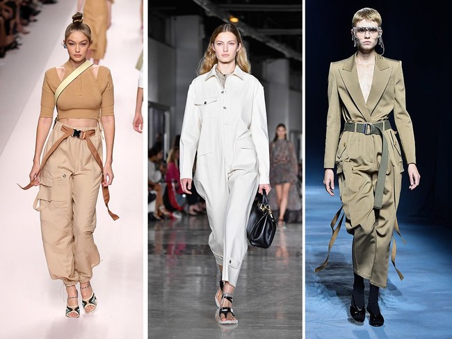 Runway musim semi membawa jumpsuit, celana dengan belt, jaket crop dan kantung besar mendominasi dalam warna khaki. Tren yang berada di antara gaya safari yang chic dan militer modern. Tren ini nampak di fashion show Alberta Ferretti, Coach, Fendi, Giambattista Valli, Givenchy, Hermes, Loewe, Proenza Schouler dan masih banyak lagi. Foto: Getty Images