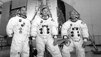 Apollo 11 astronauts Mike Collins (left), Neil Armstrong (centre), and Edwin Buzz Aldrin, in front of the Lunar Landing Module Simulator at the Kennedy Space Centre, USA, prior to their landing on the moon.    (Photo by Central Press/Getty Images)