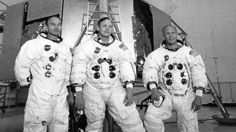 Apollo 11 astronauts Mike Collins (left), Neil Armstrong (centre), and Edwin 'Buzz' Aldrin, in front of the Lunar Landing Module Simulator at the Kennedy Space Centre, USA, prior to their landing on the moon.    (Photo by Central Press/Getty Images)