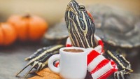 Segelas cokelat hangat jadi properti Squishy untuk berfoto. Tak lupa ia memakai syal untuk menghalau dingin. Foto: Instagram cityturtles