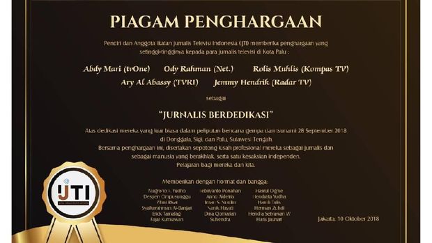 Aksi 5 Jurnalis Selamatkan Korban Gempa Palu Diganjar Penghargaan