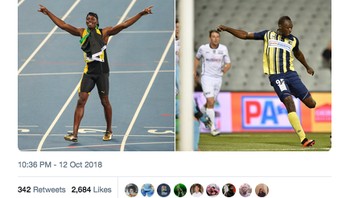 Di lintasan atletik dulu, Usain Bolt memang sudah punya segudang prestasi termasuk julukan Manusia Tercepat. Kini ia sudah mulai menjebol gawang lawan di lapangan sepakbola. Apa sih yang tak bisa dilakukan Bolt? (Foto: Internet/Twitter)