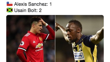 Akibat aksi Usain Bolt bikin dua gol, pemain Manchester United Alexis Sanchez pun kena sindir. Jumlah gol Bolt sudah lebih banyak dari Alexis musim ini. (Foto: Internet/Twitter)