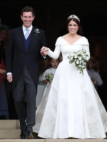 WINDSOR, ENGLAND - OCTOBER 12:  The bride Princess Eugenie of York with her father Prince Andrew, Duke of York arrives by car for her Royal wedding to Mr. Jack Brooksbank at St. George's Chapel on October 12, 2018 in Windsor, England.  (Photo by Chris Jackson/Getty Images)