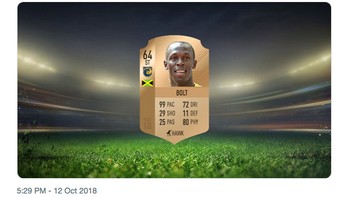 Aksi Usain Bolt juga membuat netizen mengharapkan kemunculannya di game FIFA 19 besutan EA Sports. Rating seperti ini pas tidak ya? (Foto: Internet/Twitter)