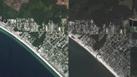 Badai Michael yang menerjang daratan sebuah kota pantai di Florida bagaikan induk dari segala bom, nyaris melenyapkan kota itu dari peta, kata para pejabat. Satellite image ©2018 DigitialGlobe, a Maxar company/Handout via REUTERS.