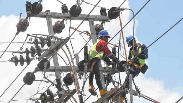 Petugas PLN melakukan perbaikan jaringan listrik di Palu, Sulawesi Tengah, Jumat (12/10). 