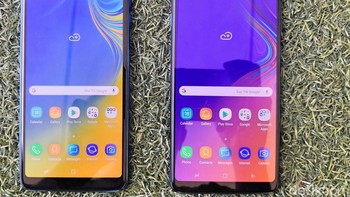 Galaxy A7 berada di sebelah kiri dan Galaxy A9 di sebelah kanan. Keduanya sama-sama mengusung bezel tipis dan layar Infinity Display, tapi A9 terlihat lebih besar dari A7. Galaxy A9 punya bentang layar 6,3 inch resolusi 2160 × 1080 pixel. Sedangkan A7 layarnya seluas 6 inch resolusi 1080 x 2220 pixel. Foto: Fino Yurio Kristo