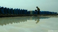 Petani garam di Desa Rawaurip, Yusuf mengeluhkan harga garam yang kian anjlok.  