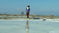 Seorang petani beraktivitas di tambak garamnya di Desa Rawaurip, Kecamatan Pangenan, Kabupaten Cirebon, Jawa Barat.